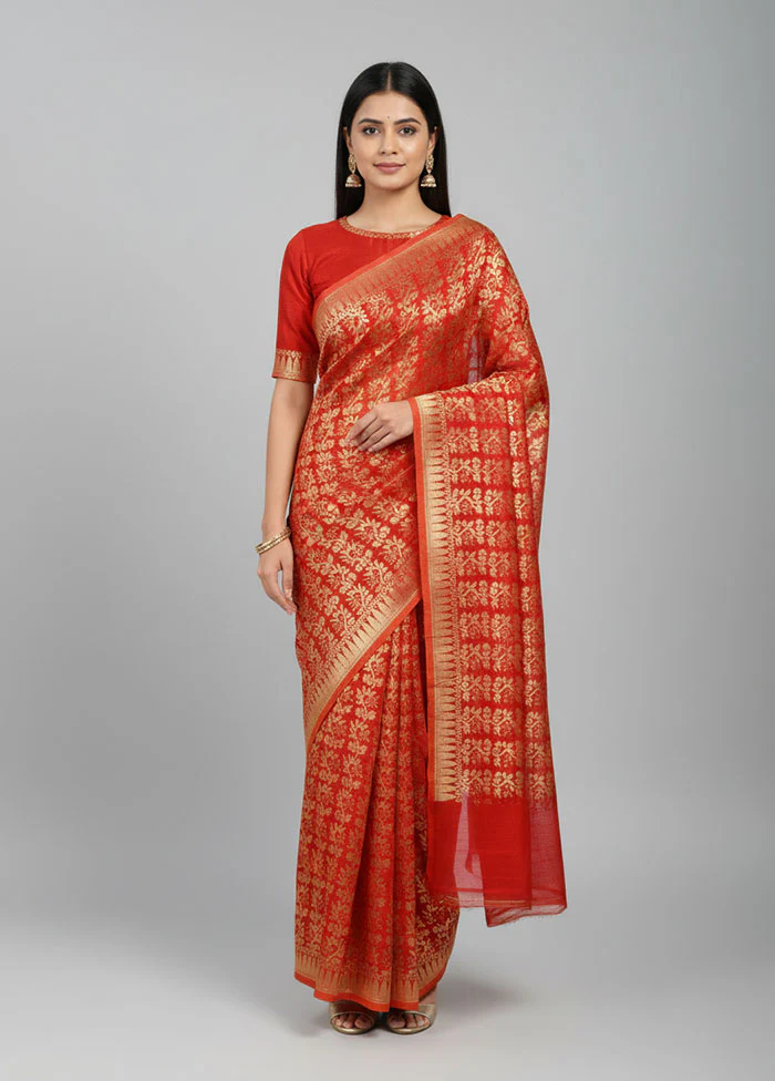 Red Jamdani Cotton Saree Without Blouse Piece