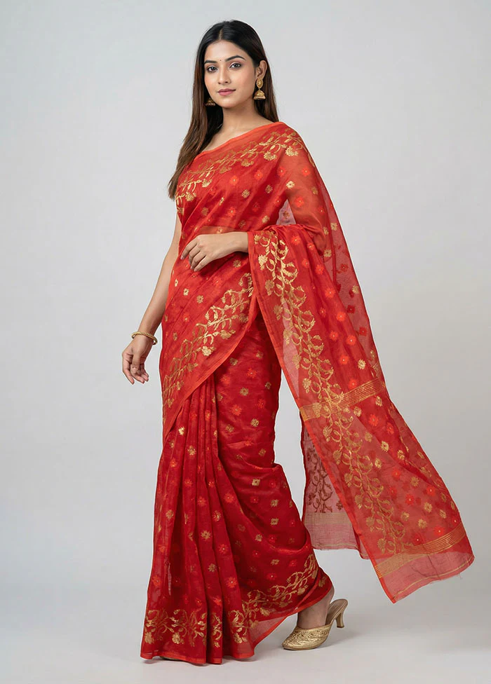 Red Jamdani Cotton Saree Without Blouse Piece
