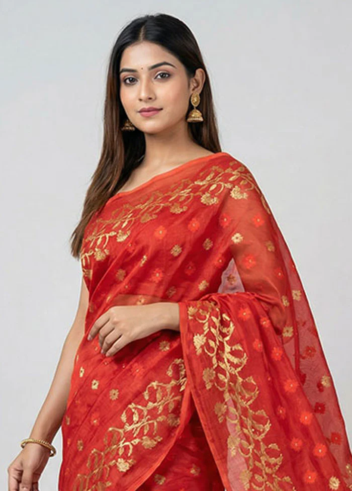 Red Jamdani Cotton Saree Without Blouse Piece - Image 2