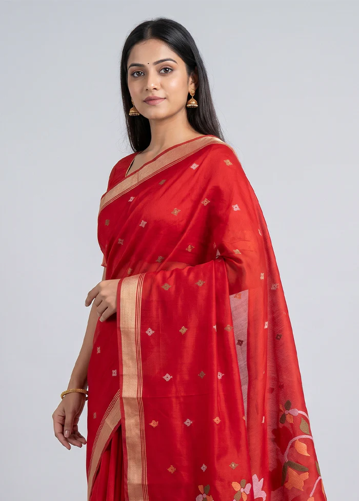Red Jamdani Cotton Saree Without Blouse Piece - Image 2