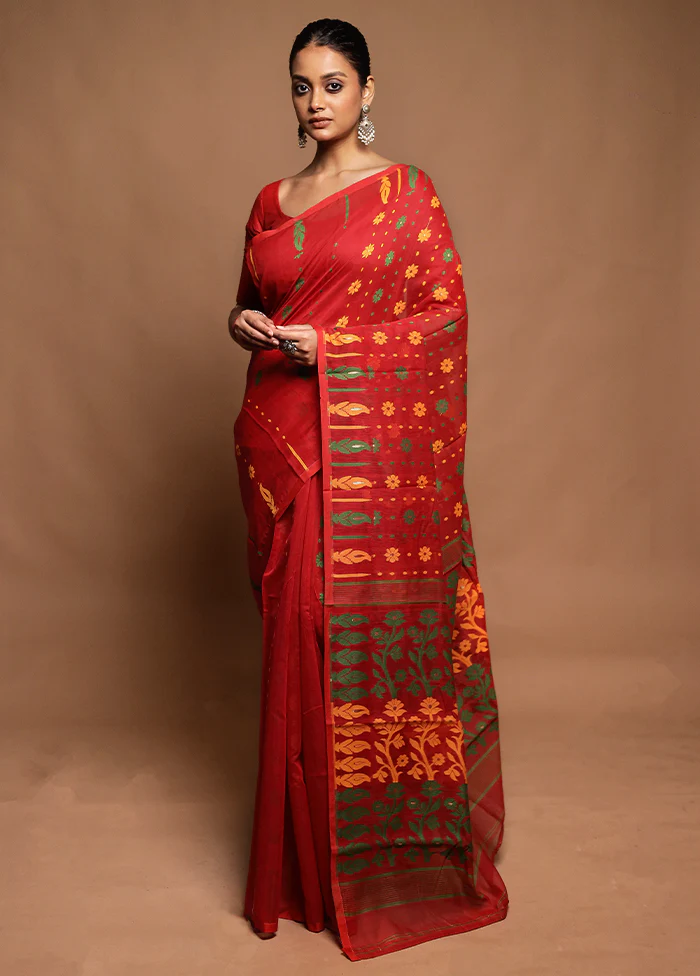 Red Tant Jamdani Saree Without Blouse Piece