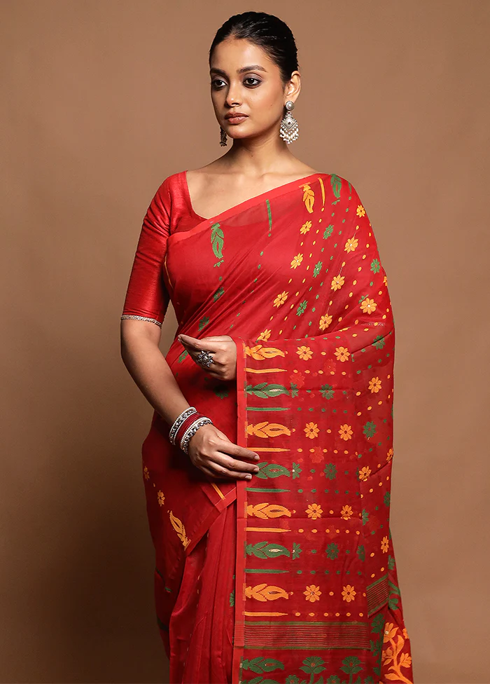 Red Tant Jamdani Saree Without Blouse Piece - Image 2