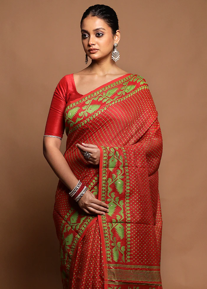 Red Tant Jamdani Saree Without Blouse Piece - Image 2