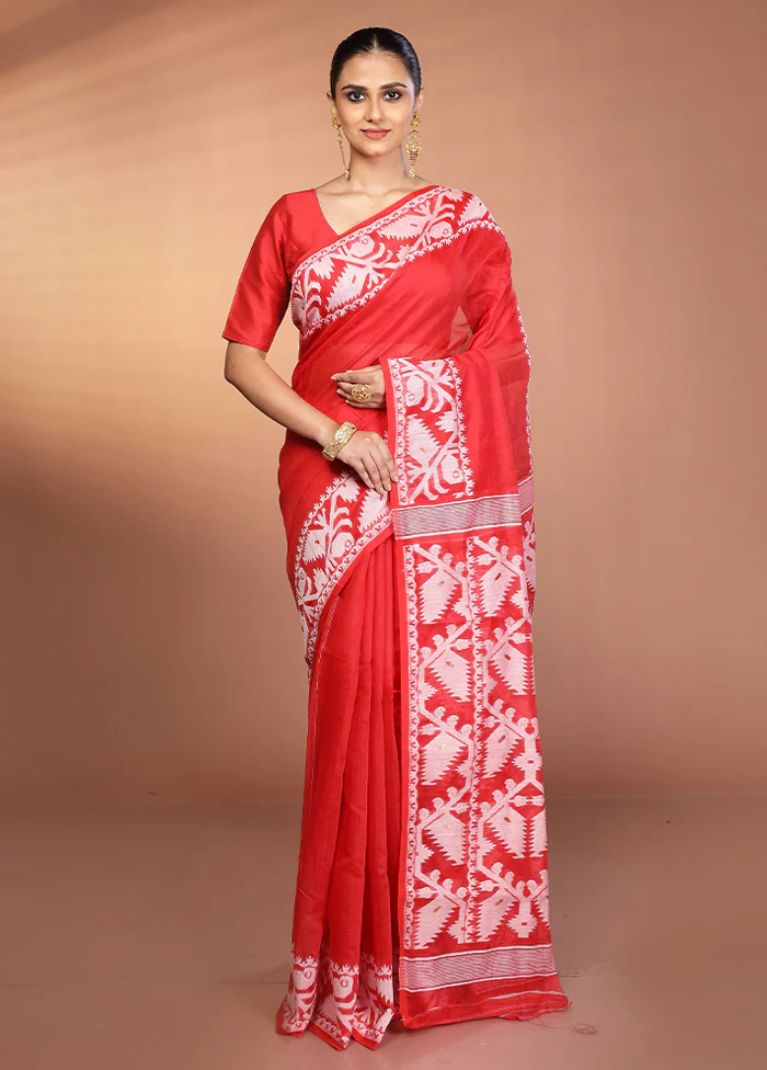 Red Tant Jamdani Saree Without Blouse Piece - Image 2