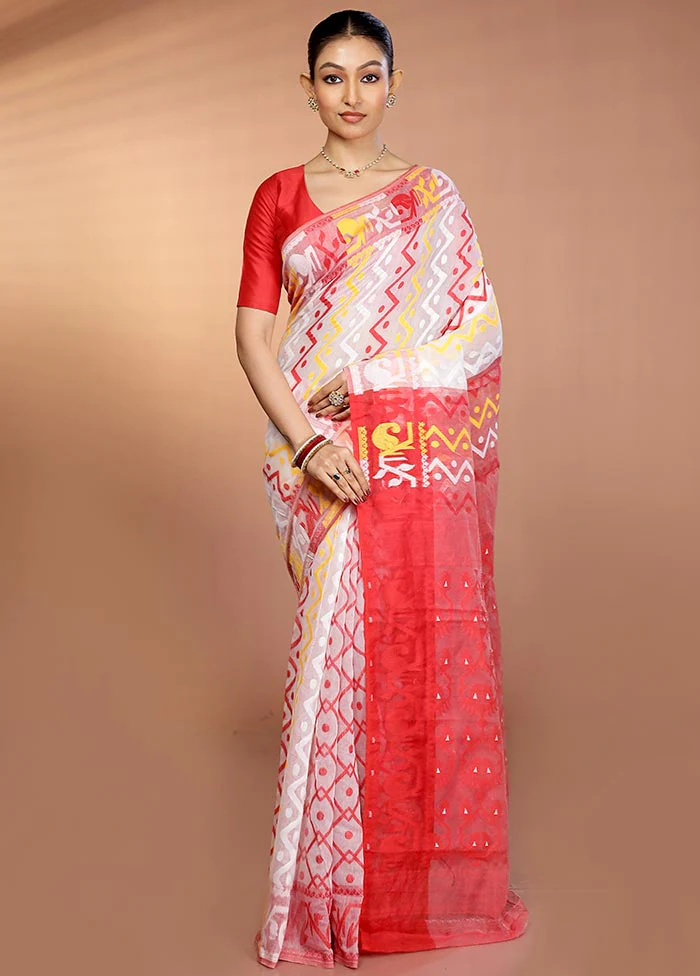 Red Tant Jamdani Saree Without Blouse Piece - Image 2