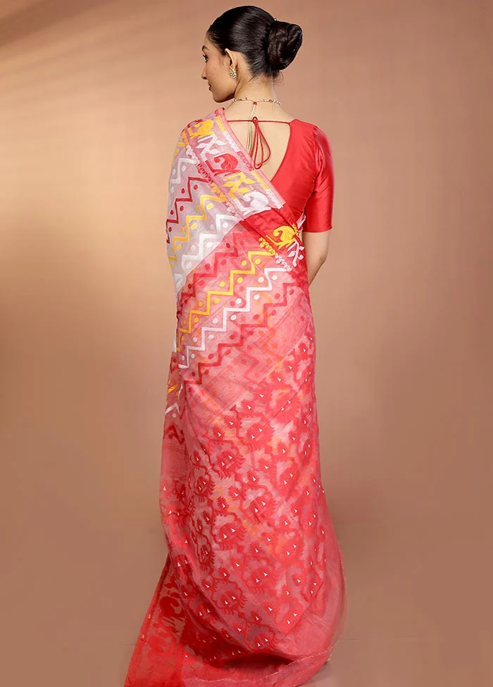 Red Tant Jamdani Saree Without Blouse Piece - Image 3