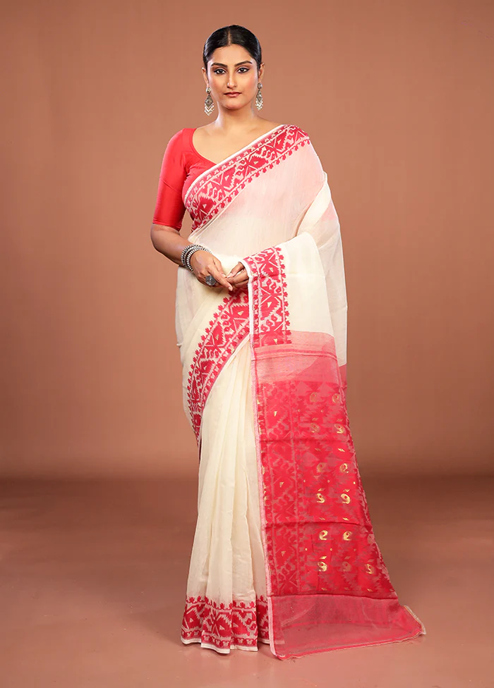 Red Jamdani Cotton Saree Without Blouse Piece - Image 2