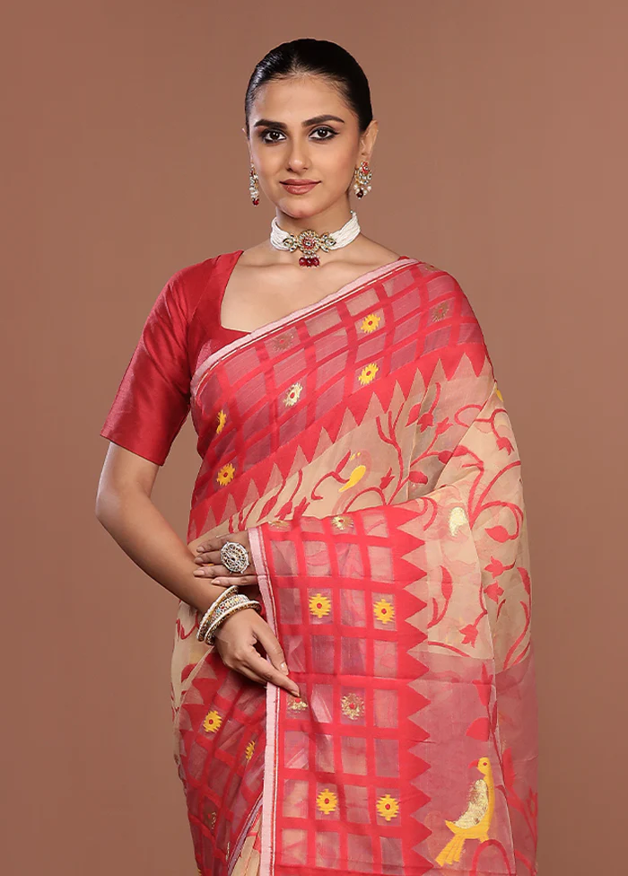 Red Jamdani Cotton Saree Without Blouse Piece
