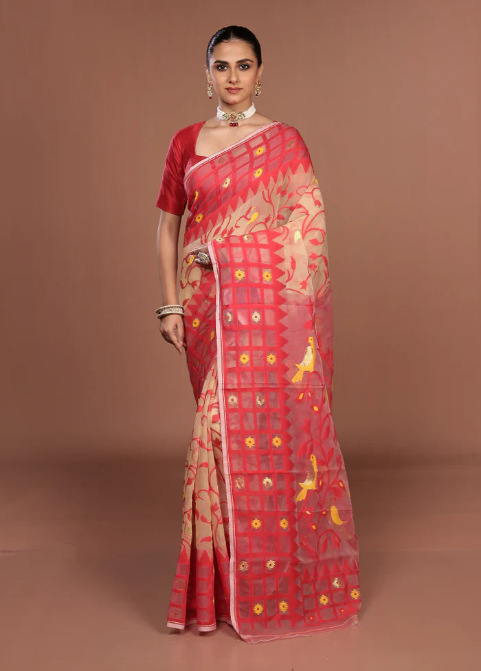 Red Jamdani Cotton Saree Without Blouse Piece - Image 2