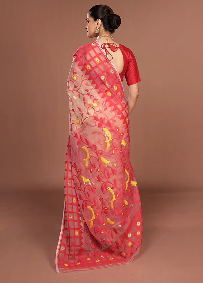 Red Jamdani Cotton Saree Without Blouse Piece - Image 3