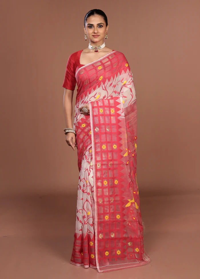 Red Jamdani Cotton Saree Without Blouse Piece - Image 2