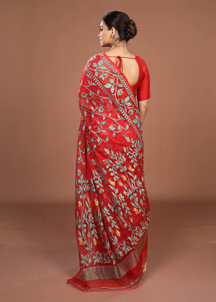 Red Jamdani Cotton Saree Without Blouse Piece - Image 3