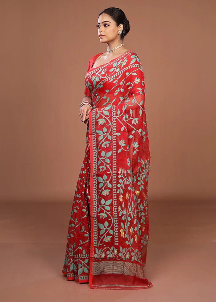 Red Jamdani Cotton Saree Without Blouse Piece - Image 4