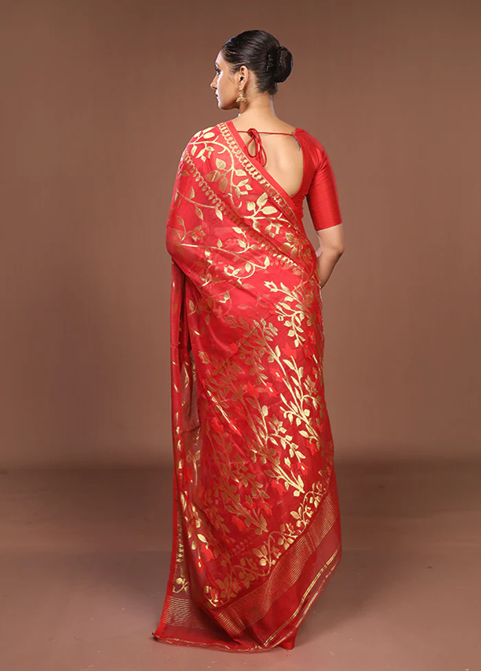 Red Jamdani Cotton Saree Without Blouse Piece - Image 3