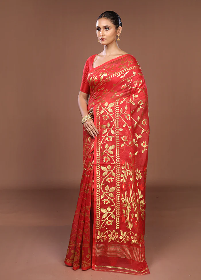 Red Jamdani Cotton Saree Without Blouse Piece - Image 4