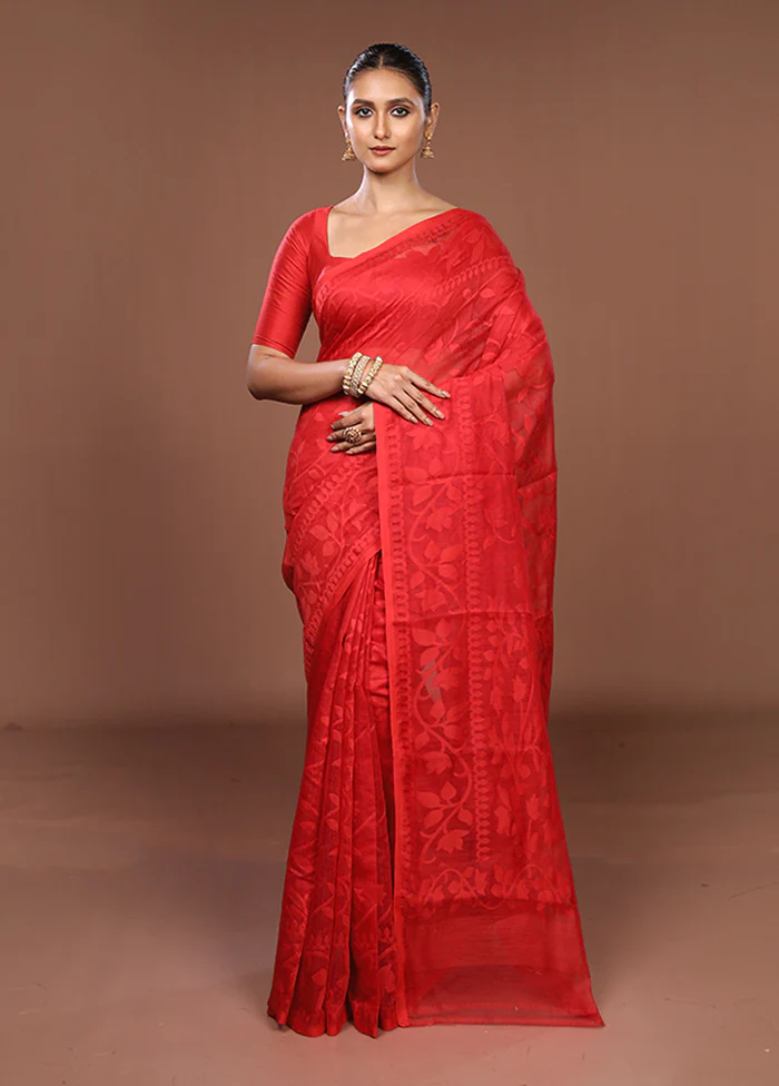 Red Jamdani Cotton Saree Without Blouse Piece - Image 2