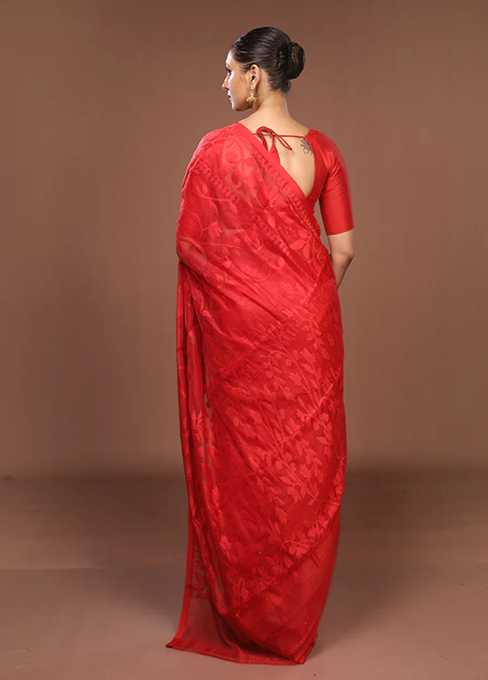 Red Jamdani Cotton Saree Without Blouse Piece - Image 3