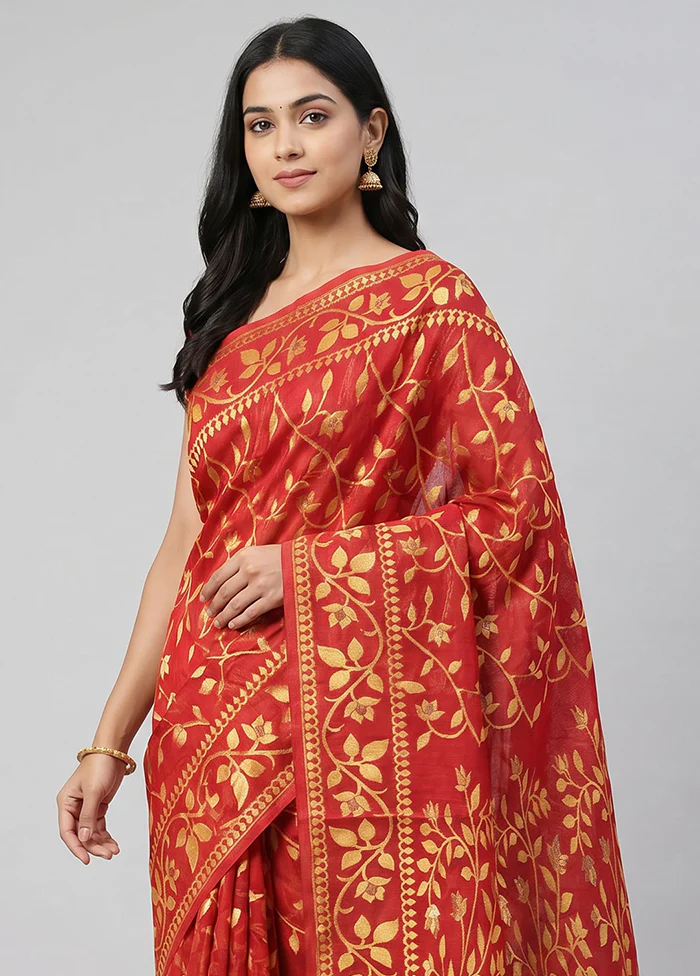 Red Jamdani Cotton Saree Without Blouse Piece - Image 2
