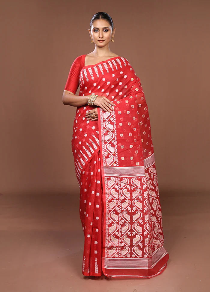 Red Jamdani Cotton Saree Without Blouse Piece - Image 2