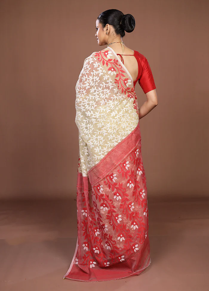 Red Jamdani Cotton Saree Without Blouse Piece - Image 3