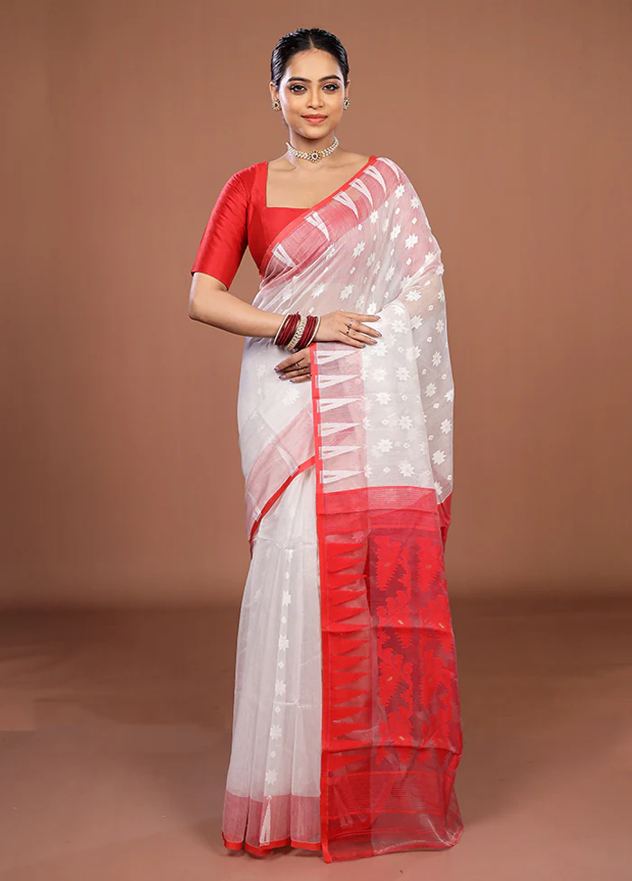Red Jamdani Cotton Saree Without Blouse Piece - Image 2