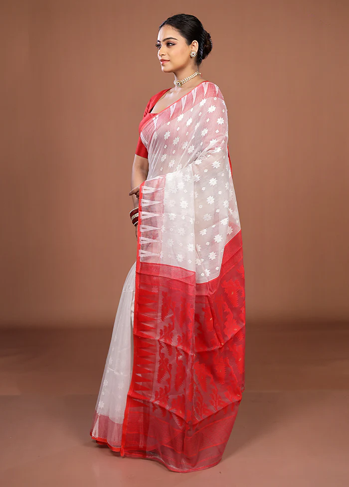 Red Jamdani Cotton Saree Without Blouse Piece - Image 4