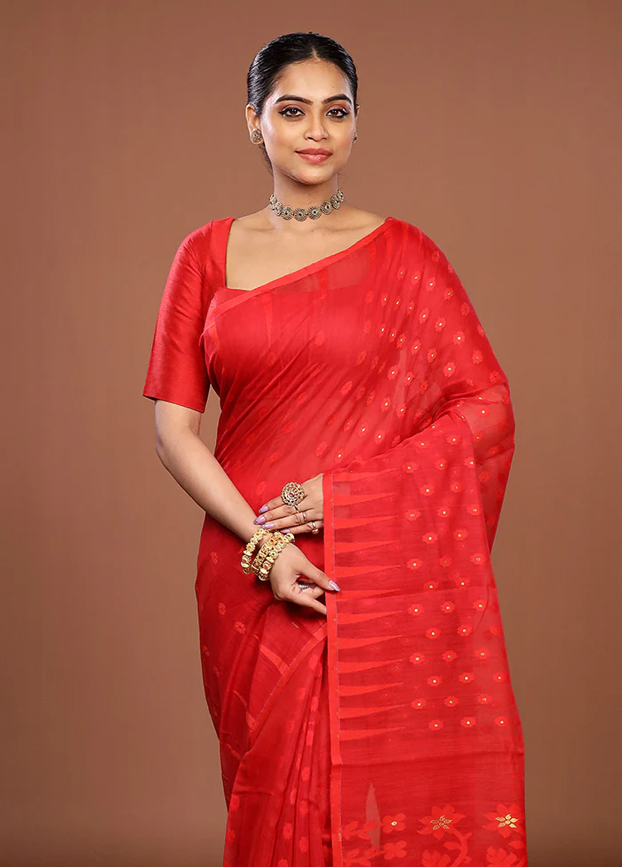 Red Jamdani Cotton Saree Without Blouse Piece