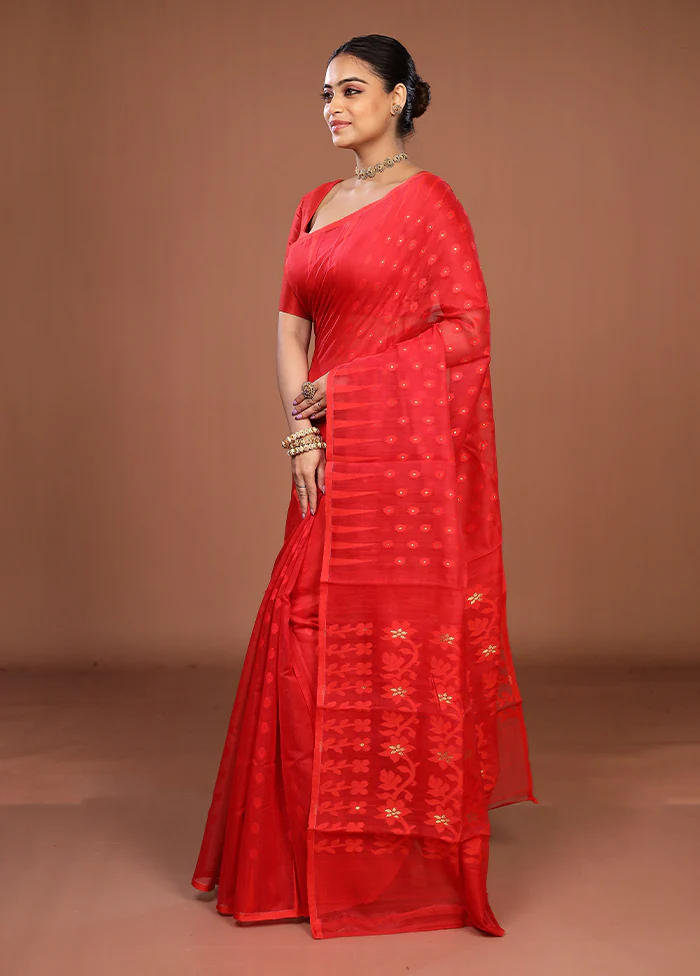 Red Jamdani Cotton Saree Without Blouse Piece - Image 4