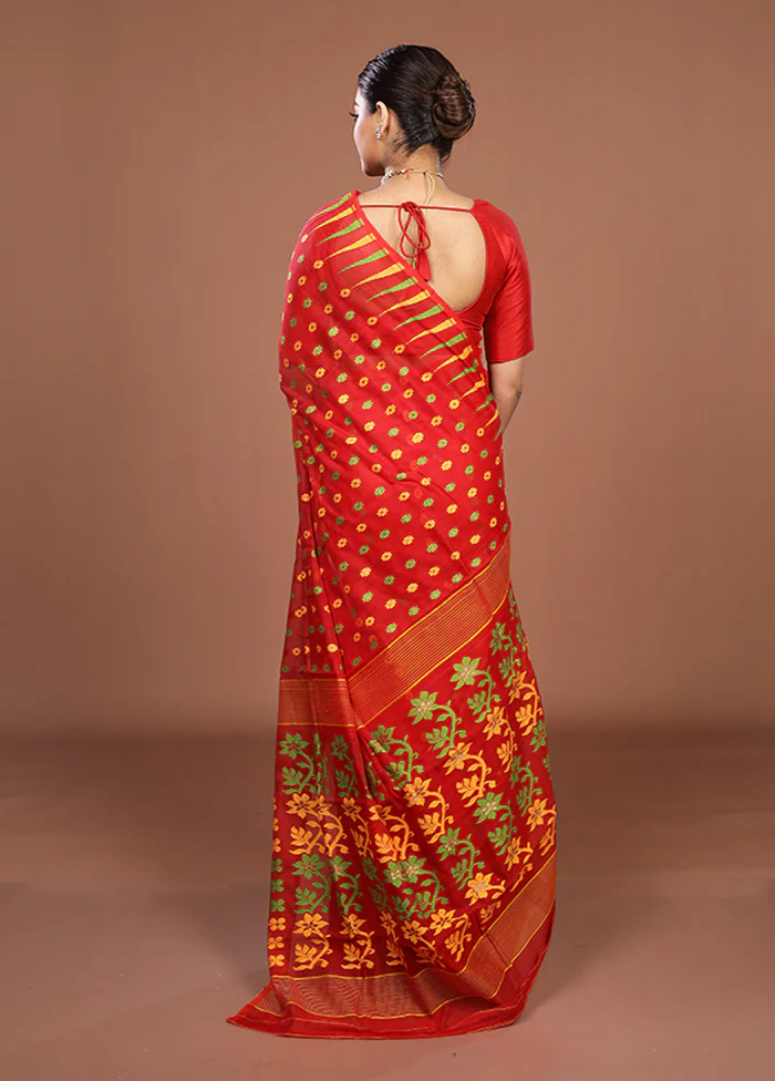 Orange Jamdani Cotton Saree Without Blouse Piece - Image 3