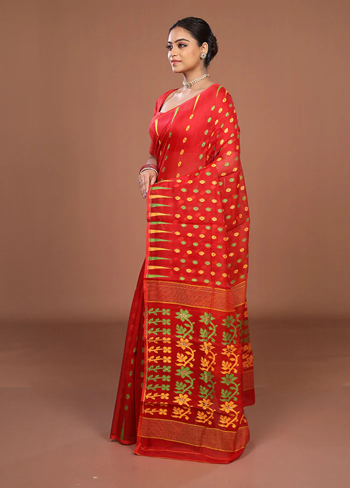 Orange Jamdani Cotton Saree Without Blouse Piece - Image 4