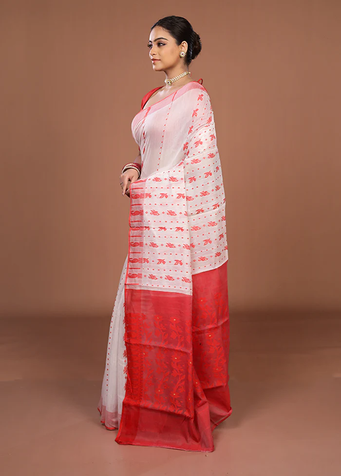 Red Jamdani Cotton Saree Without Blouse Piece - Image 4