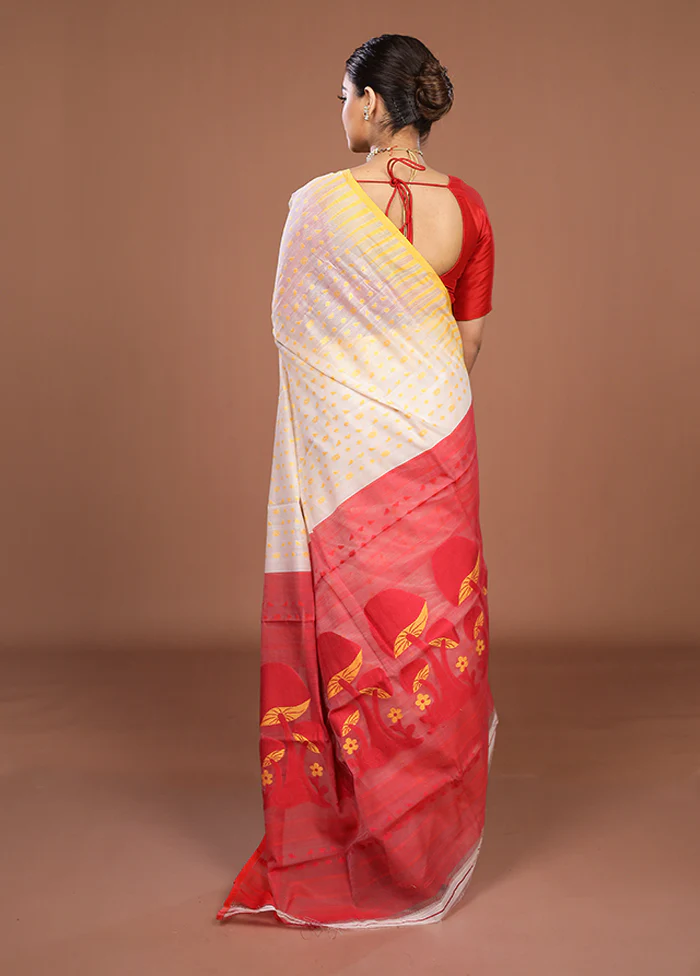 Red Jamdani Cotton Saree Without Blouse Piece - Image 3