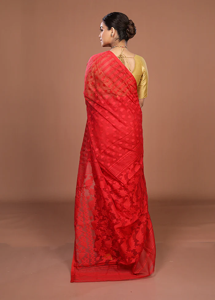 Red Jamdani Cotton Saree Without Blouse Piece - Image 3
