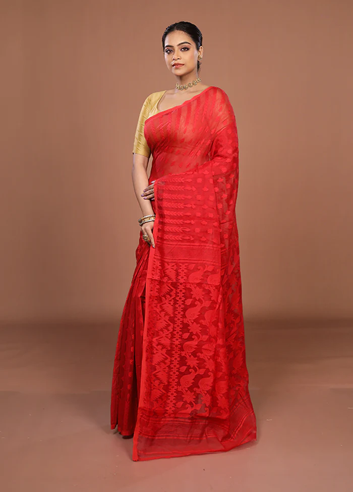 Red Jamdani Cotton Saree Without Blouse Piece - Image 4