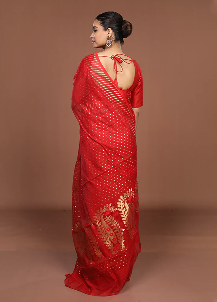 Red Jamdani Cotton Saree Without Blouse Piece - Image 3