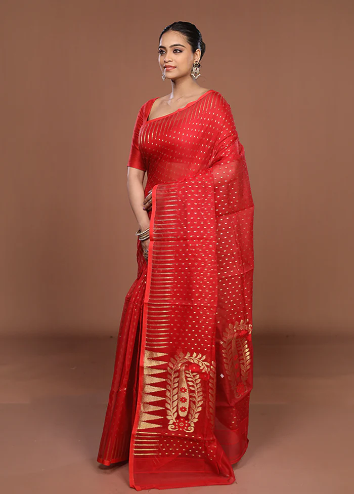 Red Jamdani Cotton Saree Without Blouse Piece - Image 4