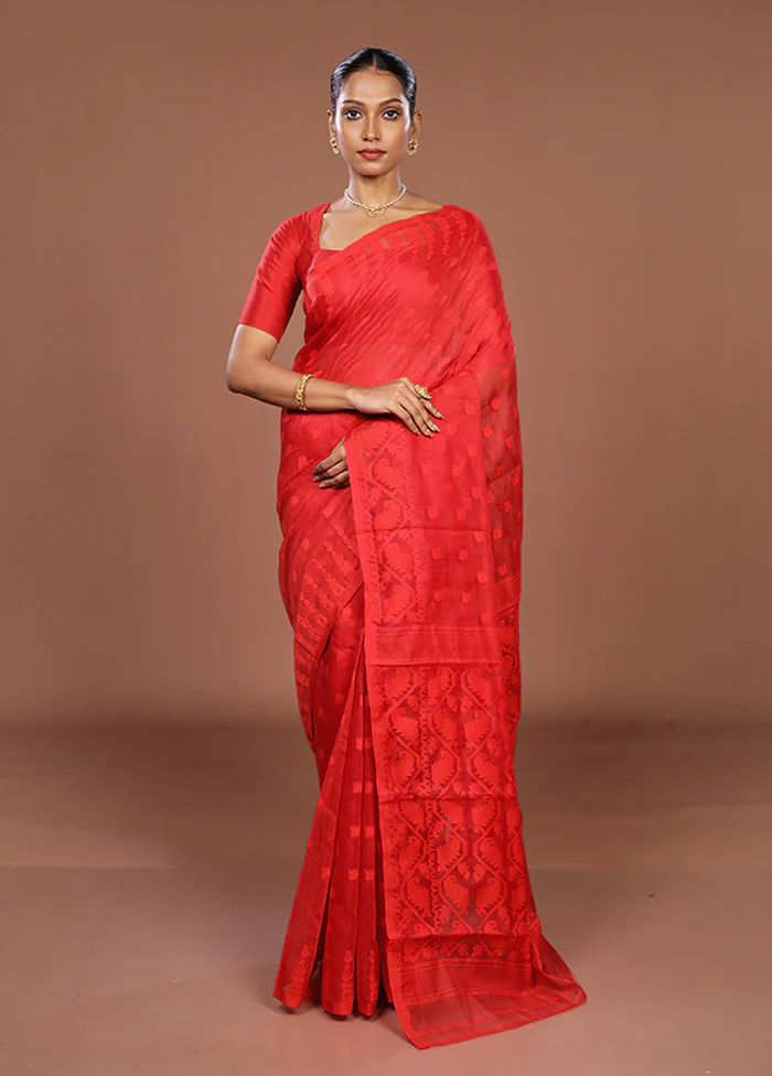 Red Jamdani Cotton Saree Without Blouse Piece - Image 2