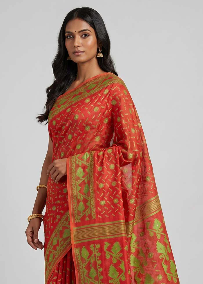 Red Jamdani Cotton Saree Without Blouse Piece - Image 2