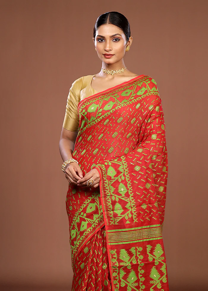 Red Jamdani Cotton Saree Without Blouse Piece