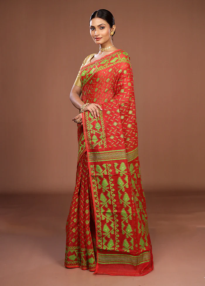 Red Jamdani Cotton Saree Without Blouse Piece - Image 4