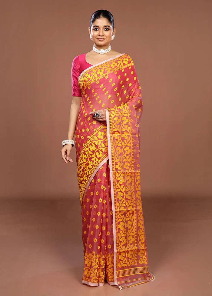 Red Jamdani Cotton Saree Without Blouse Piece - Image 2
