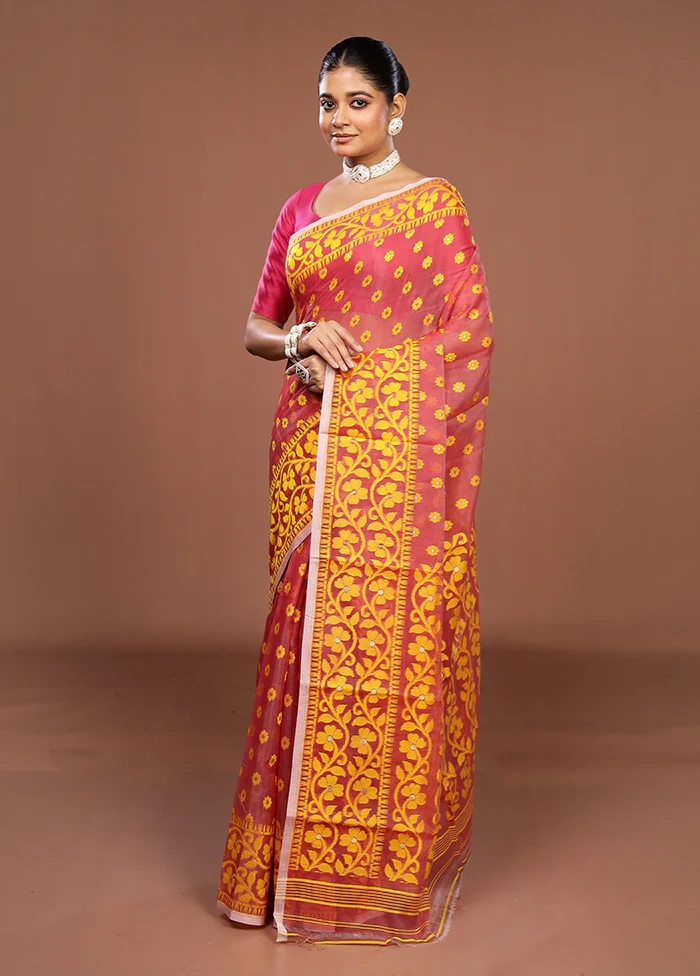 Red Jamdani Cotton Saree Without Blouse Piece - Image 4