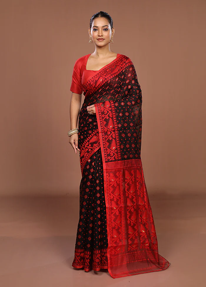 Red Jamdani Cotton Saree Without Blouse Piece - Image 2