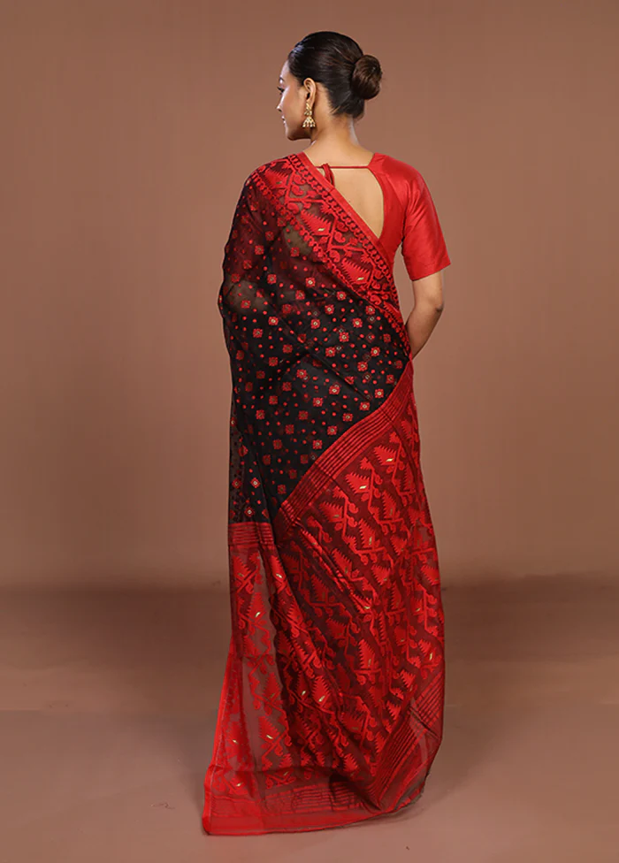 Red Jamdani Cotton Saree Without Blouse Piece - Image 3