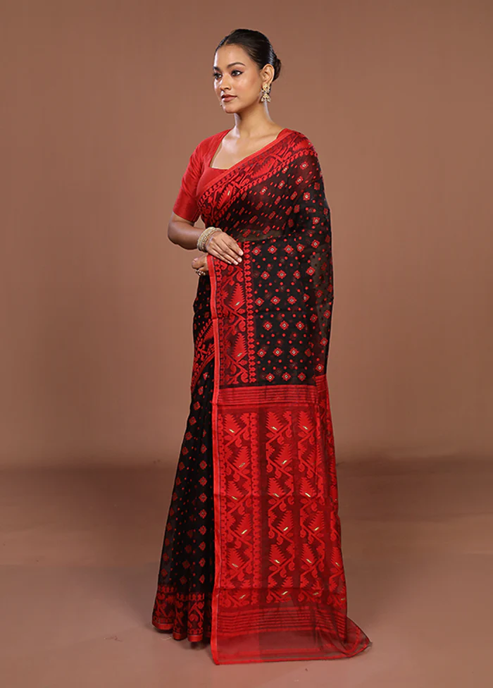 Red Jamdani Cotton Saree Without Blouse Piece - Image 4