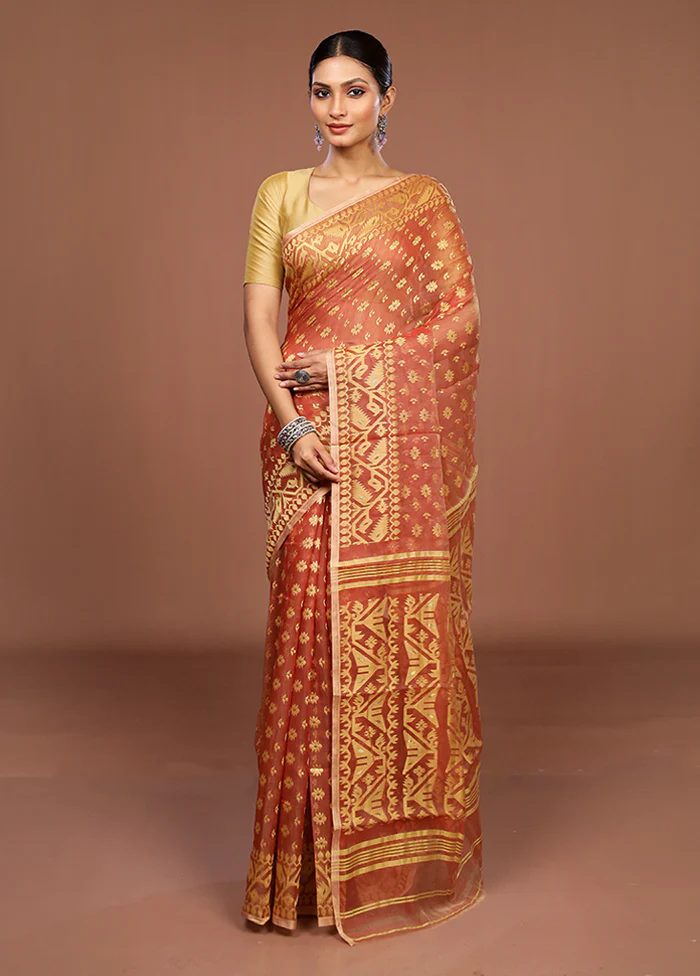 Red Jamdani Cotton Saree Without Blouse Piece - Image 2