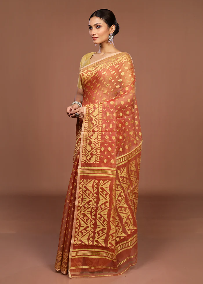 Red Jamdani Cotton Saree Without Blouse Piece - Image 4