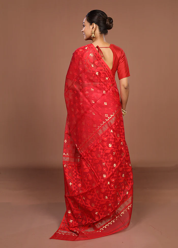Red Jamdani Cotton Saree Without Blouse Piece - Image 3