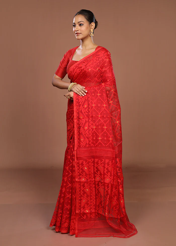 Red Jamdani Cotton Saree Without Blouse Piece - Image 4