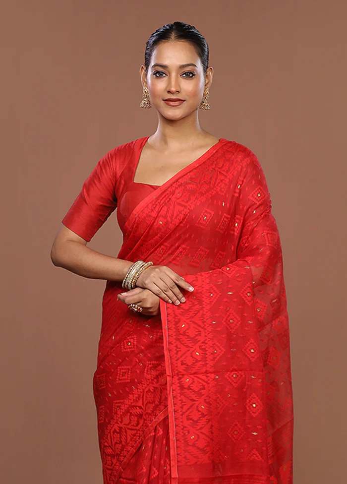 Red Jamdani Cotton Saree Without Blouse Piece